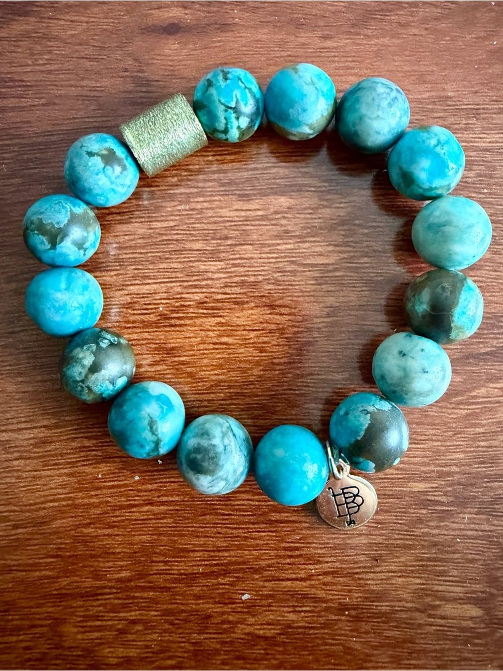 Bourbon and Bowties Aqua Terra Jasper Stone Stretch Bracelet with Gold Accent